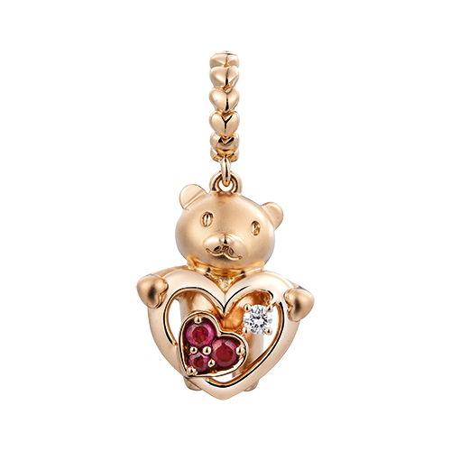 Dear Q "Be My Valentine Heart-warming Bear"18K Rose Gold Diamond Charm with Ruby