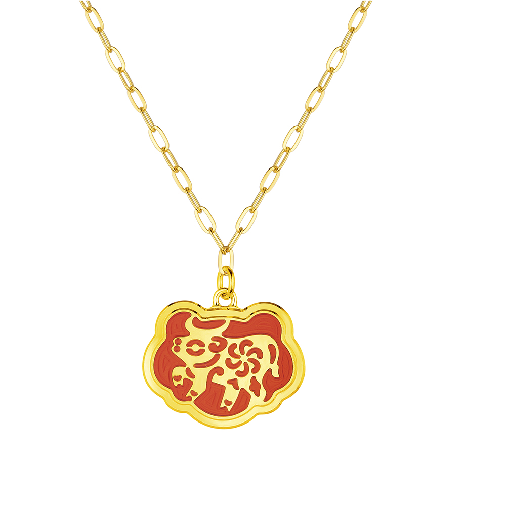 Fortune Tiger Collection " Ox "12 Chinese Zodiac Gold Necklace with Enamel