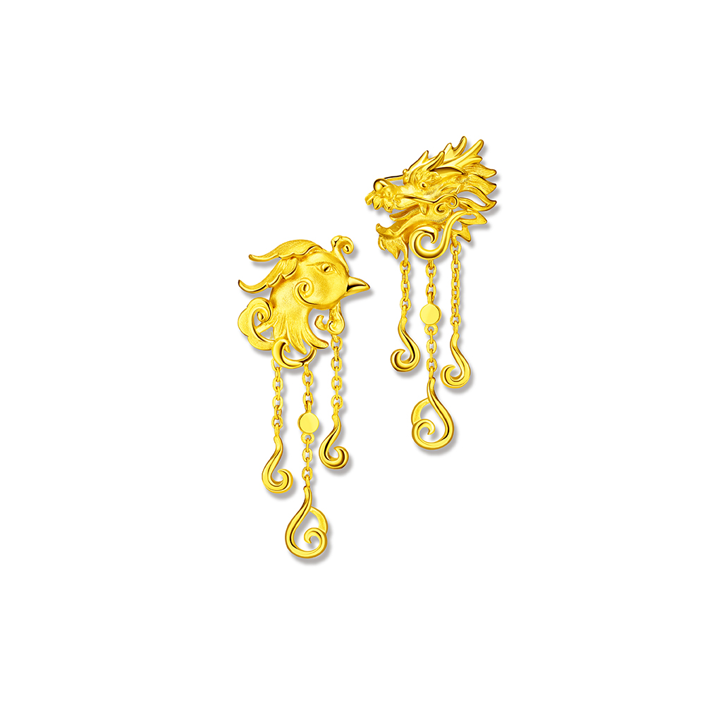Beloved Collection “Dragon & Phoenix with Double Happiness” Gold Earrings