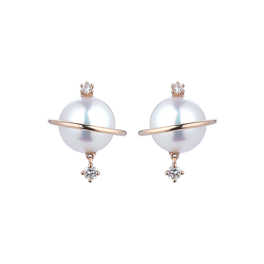 “Dream Planet” 18K Gold Pearl Earrings with Diamond