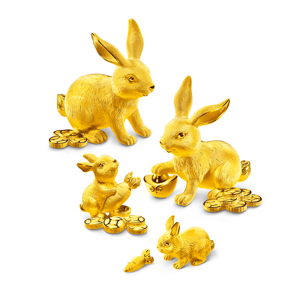 Fortune Rabbit Collection  " Harmonious & Prosperous Rabbit Family " Gold Figurine