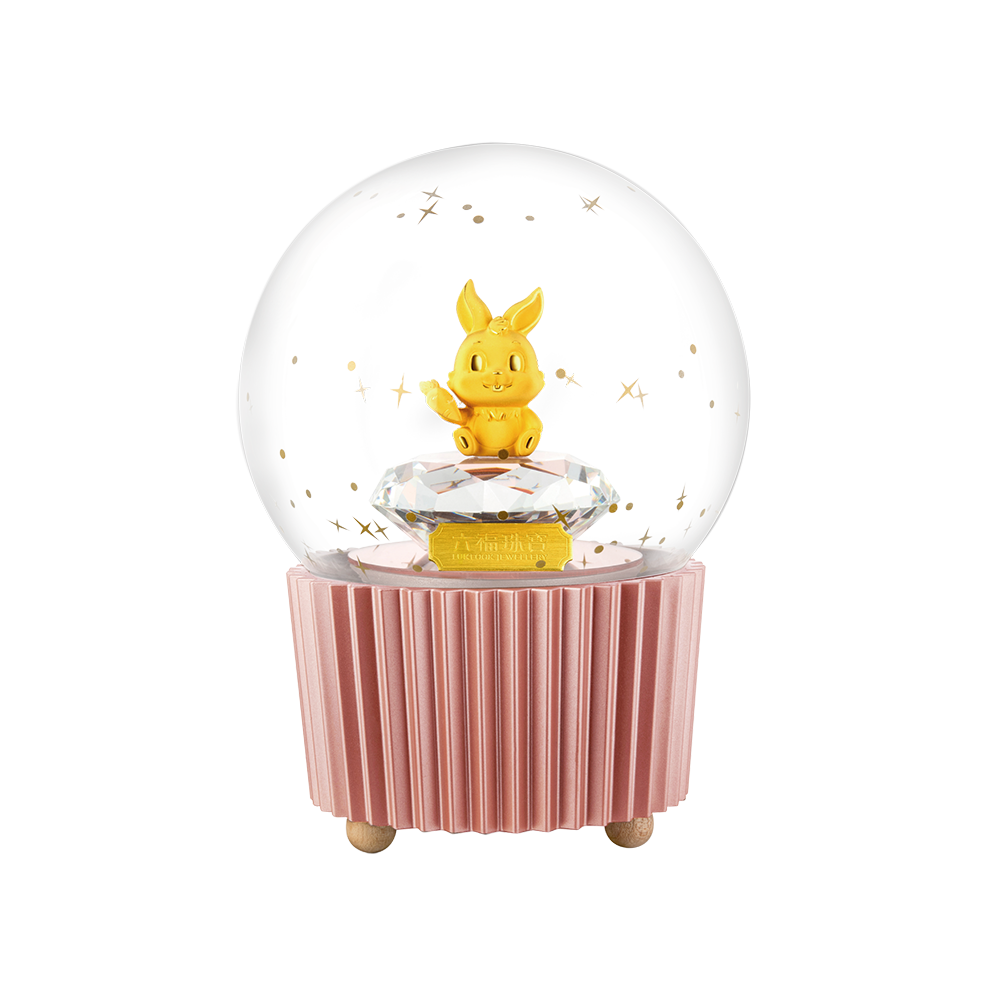 "Happy Rabbit" Gold Figurine in Crystal Ball Music Box 