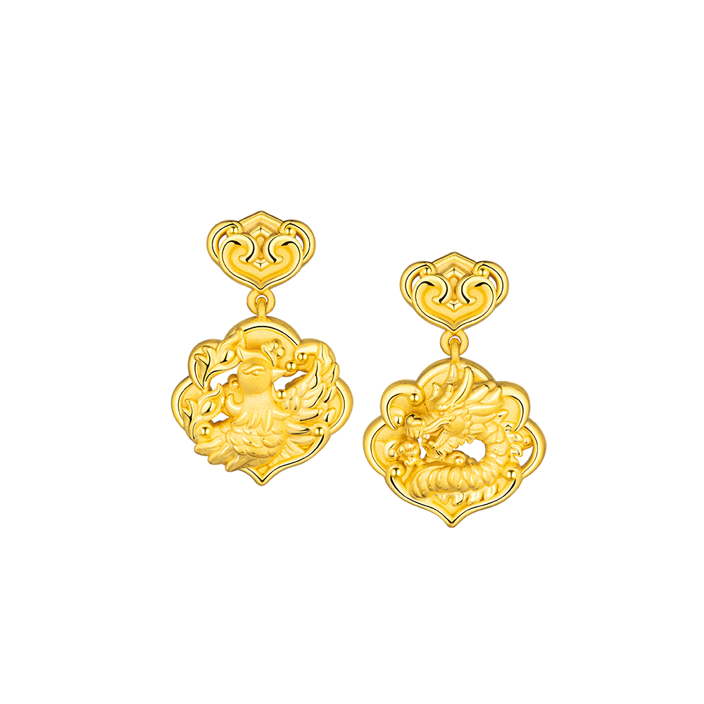 Beloved Collection "Blissful Dragon and Phoenix" Gold Earrings