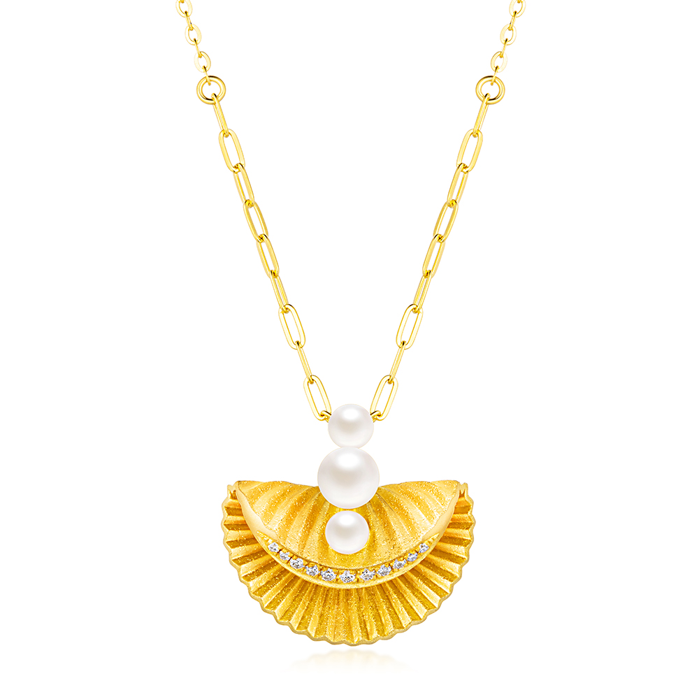 "Rising Up" Diamond Gold Pearl Necklace 