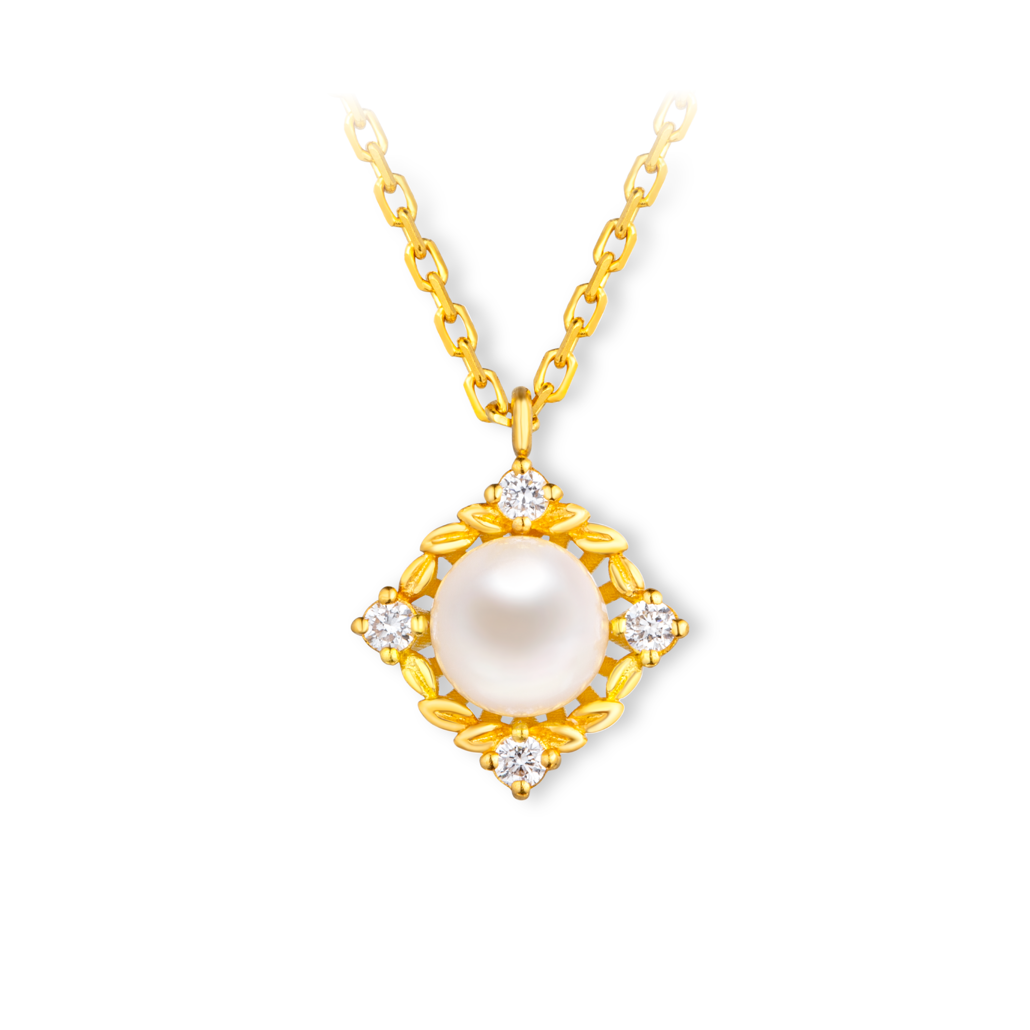 "Dazzling" Diamond Gold Pearl Necklace 
