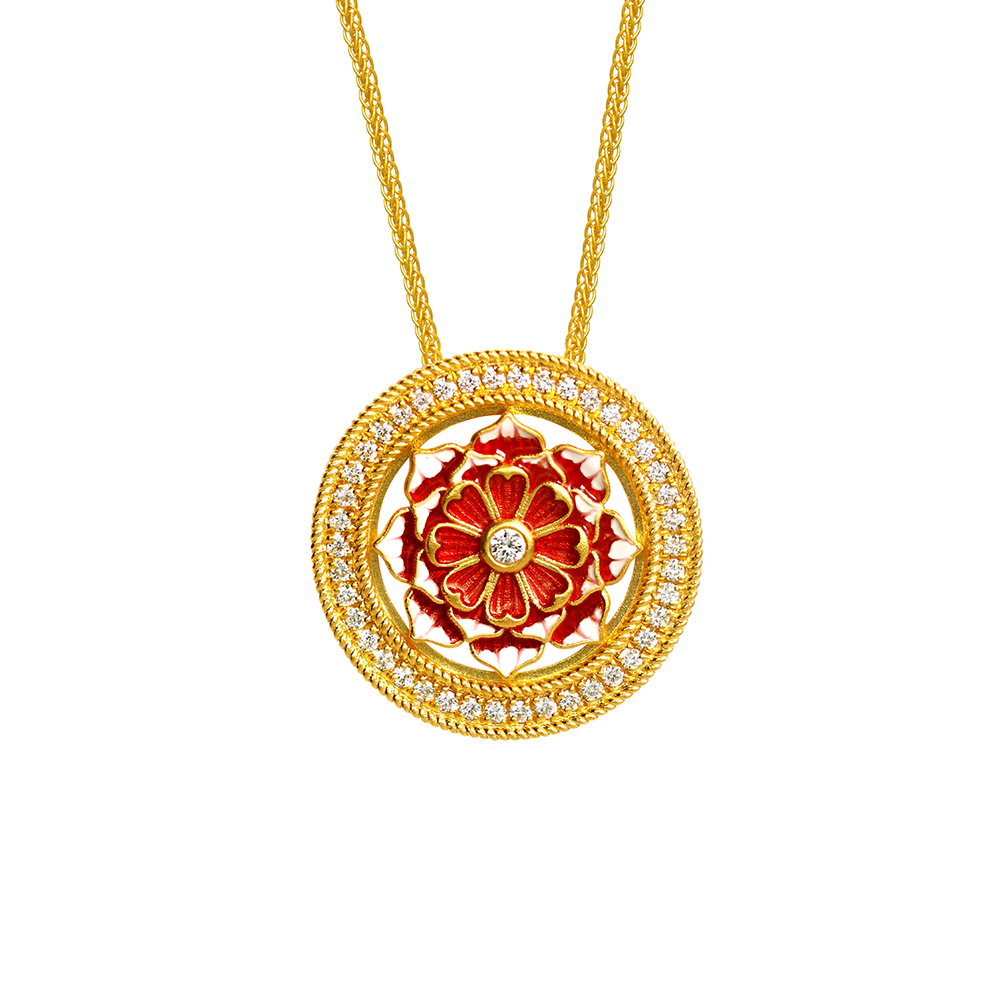 天天爱上新福满传家"鸿运莲莲"足金钻石项链