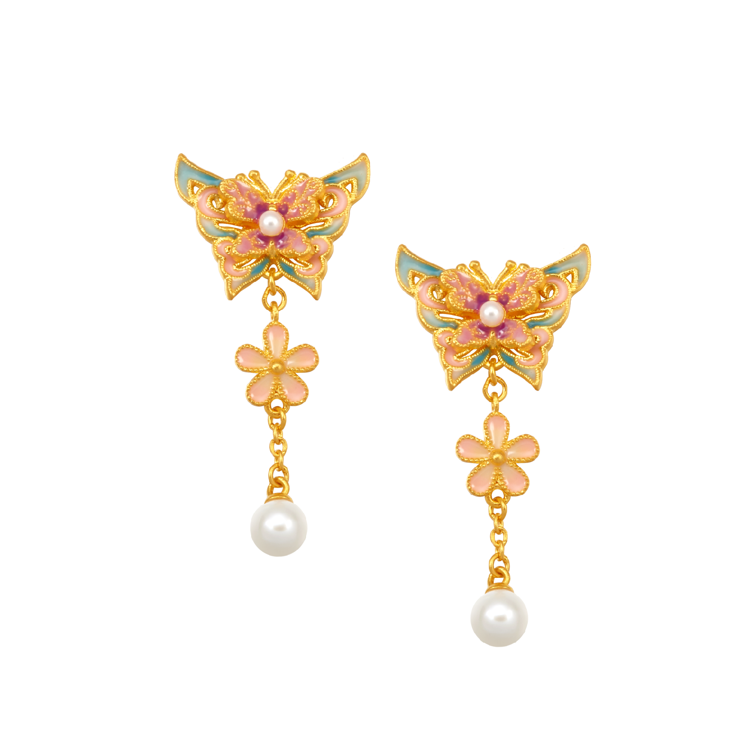 Heirloom Fortune Charm of Song Dynasty Collection "Glory Fairy Butterfly" Gold and Pearl Earrings 