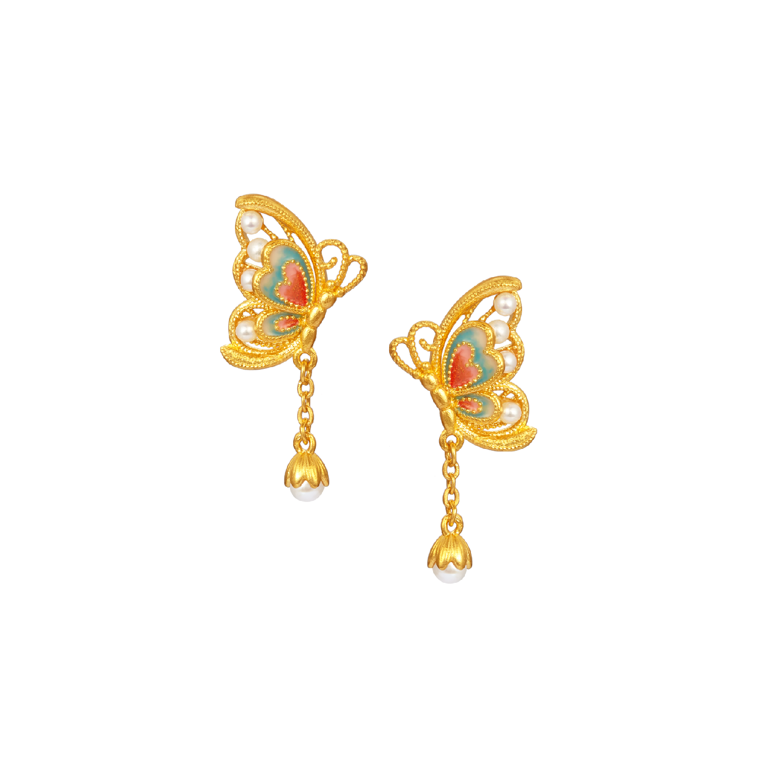 Heirloom Fortune Charm of Song Dynasty Collection "Bluish-white Glaze Butterfly" Gold and Pearl Earrings