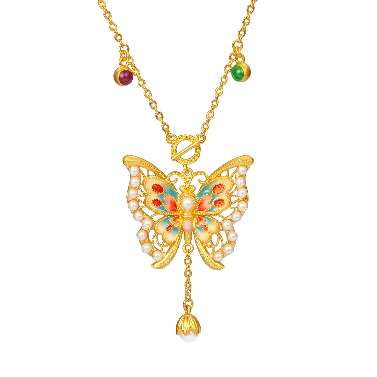 Heirloom Fortune Charm of Song Dynasty Collection "Bluish-white Glaze Butterfly" Gold and Pearl Necklace