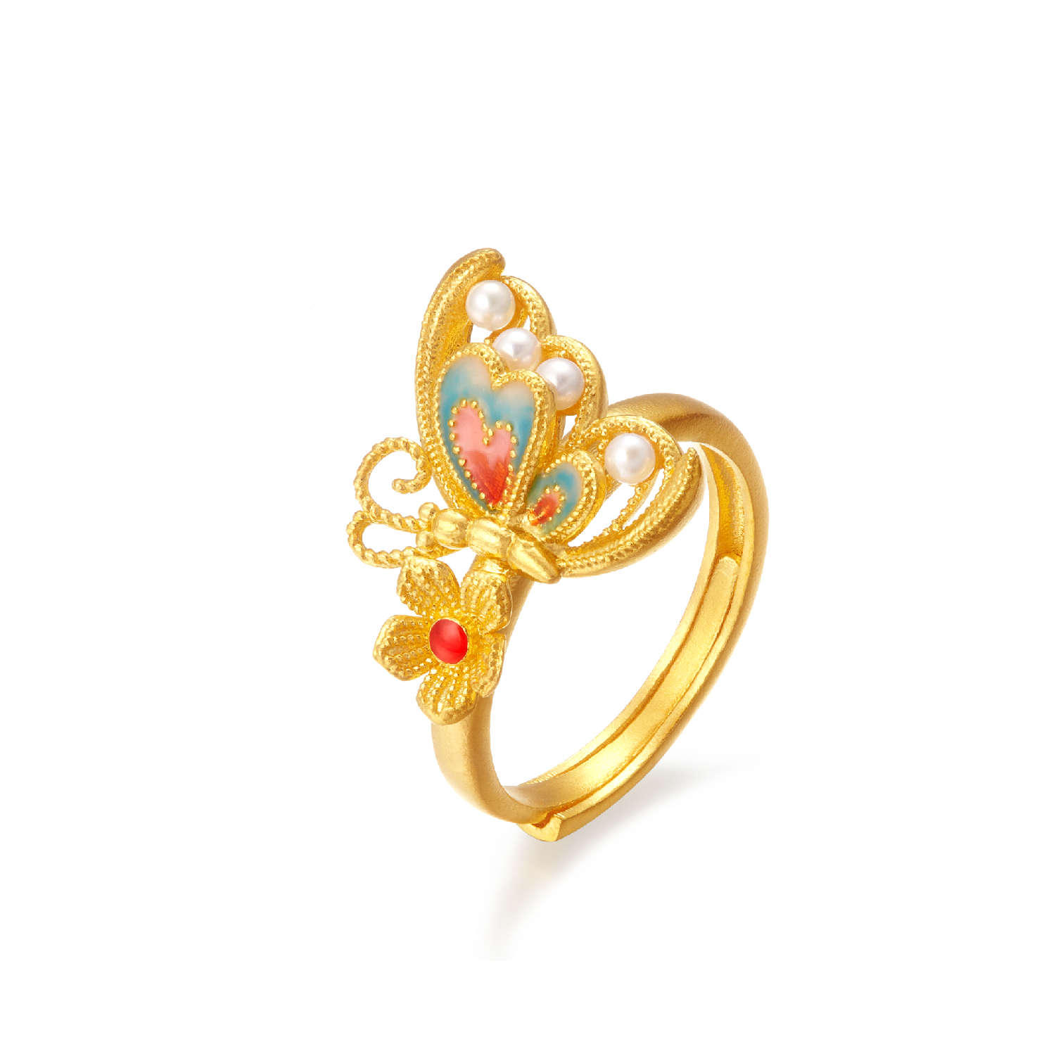 Heirloom Fortune Charm of Song Dynasty Collection "Bluish-white Glaze Butterfly" Gold and Pearl Ring