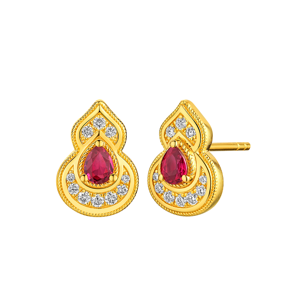 Night Banquet in Tang Palace Jewellery Collection “Blessed Gourd” Gold Ruby and Diamond Earrings