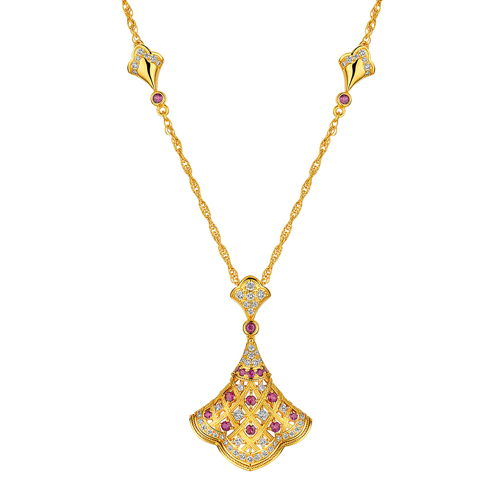 唐宮夜宴系列"唐韻花顏"黃金紅寶石鑽石項鏈