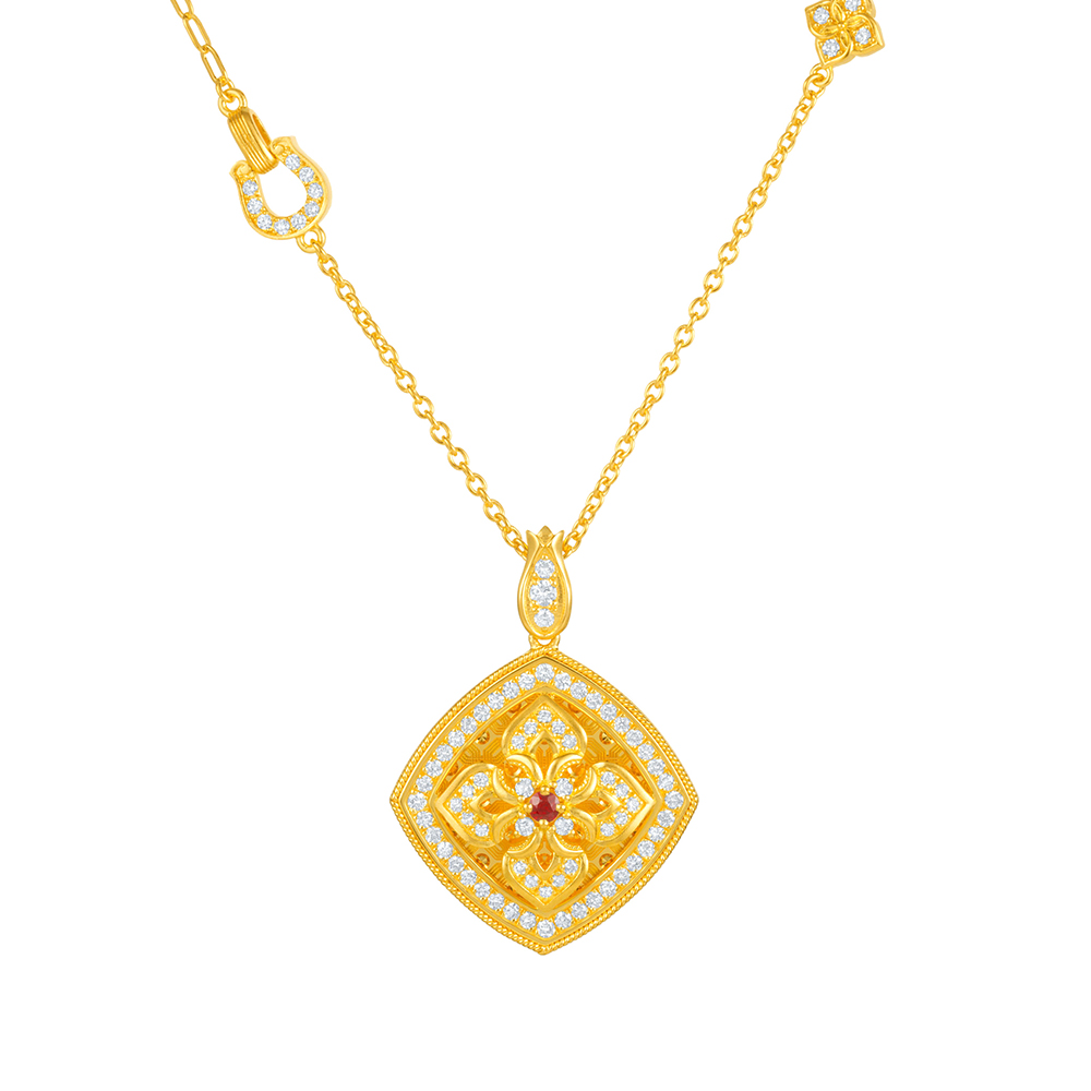 天天爱上新福满传家"鸢尾时光"足金红宝石钻石项链