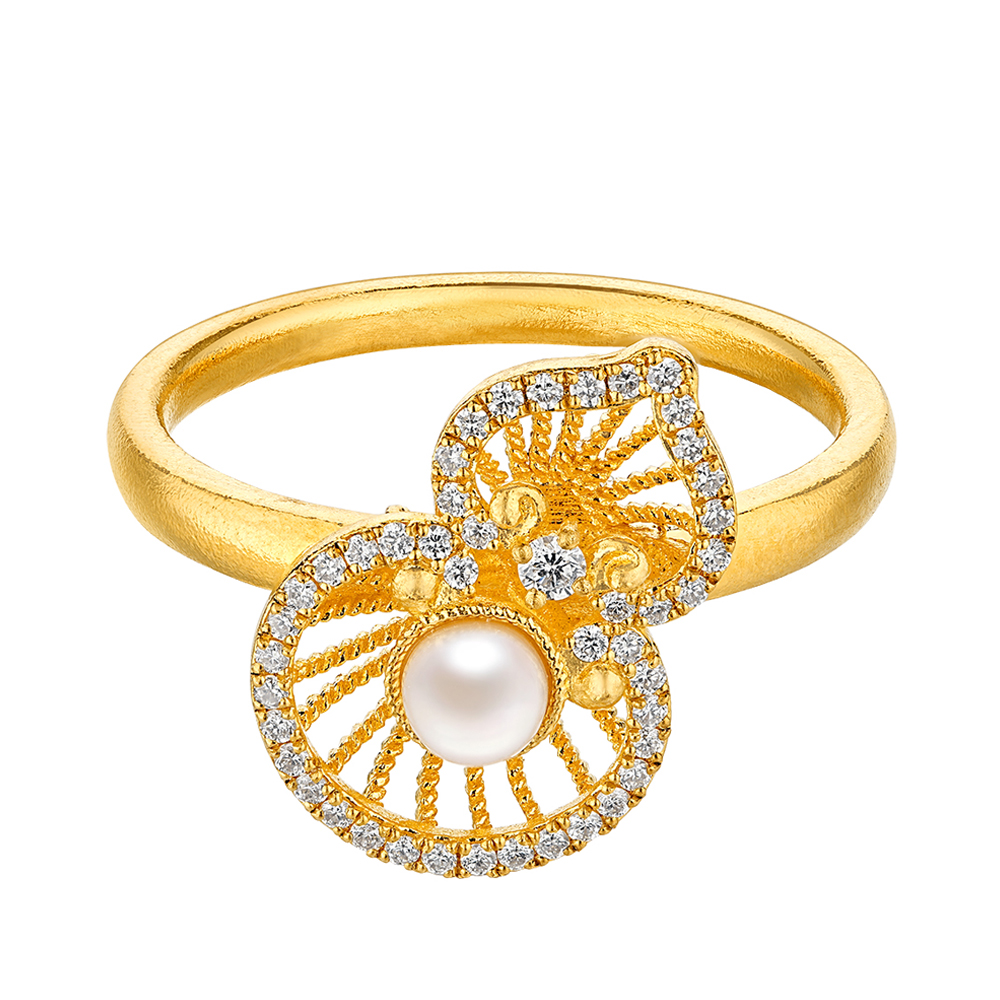 唐宮夜宴系列"福運絲篇"黃金鑽石珍珠戒指