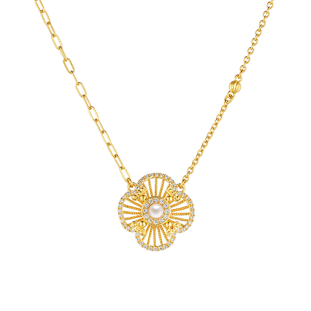 唐宮夜宴系列"幸福絲篇"黃金鑽石珍珠項鏈