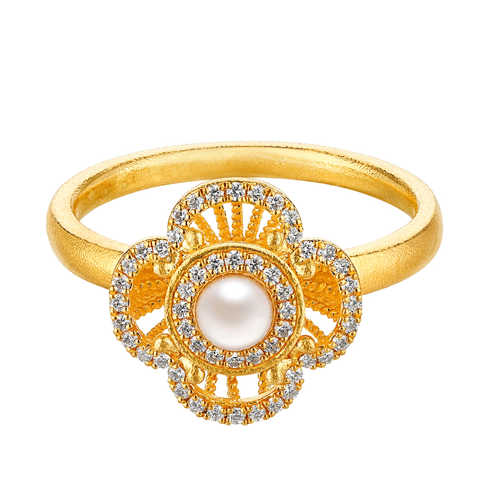 唐宮夜宴系列"幸福絲篇"黃金鑽石珍珠戒指