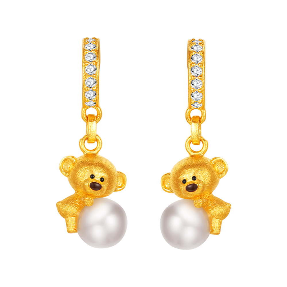 13DE MARZO系列"珍愛小熊"黃金鑽石珍珠耳環