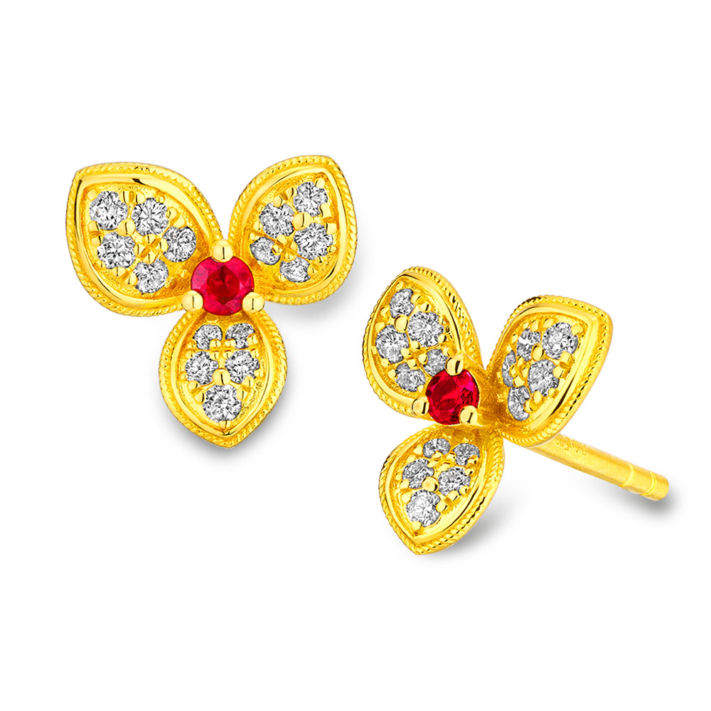 天天爱上新福满传家"绮丽花园"足金红宝石钻石耳环