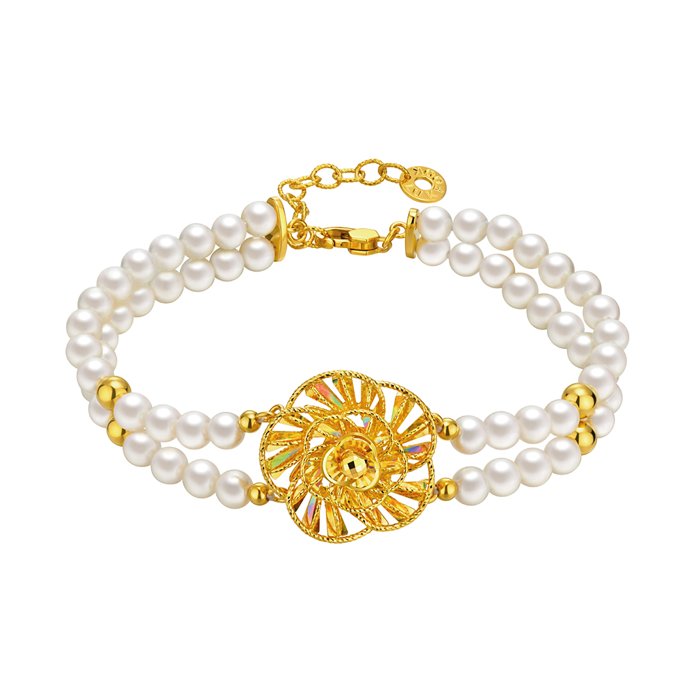DiaBling Shimmering Gold “DiaBling Cherished Love” Gold Pearl Bracelet (Elegant)