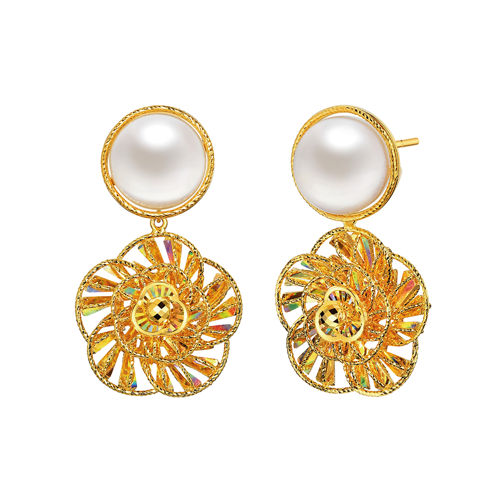DiaBling Shimmering Gold “DiaBling Cherished Love” Gold Pearl Earrings (Elegant)