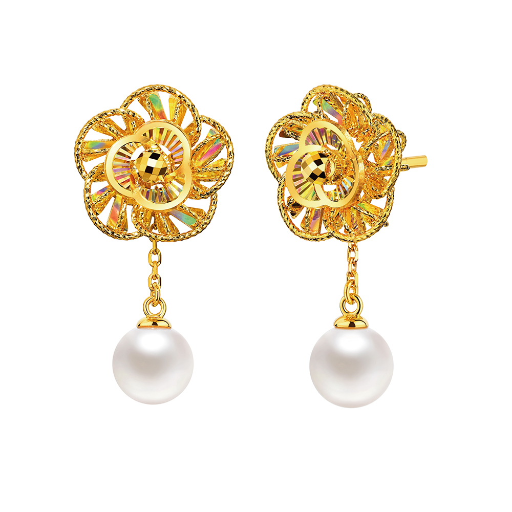 DiaBling Shimmering Gold “DiaBling Cherished Love” Gold Pearl Earrings (Fresh)