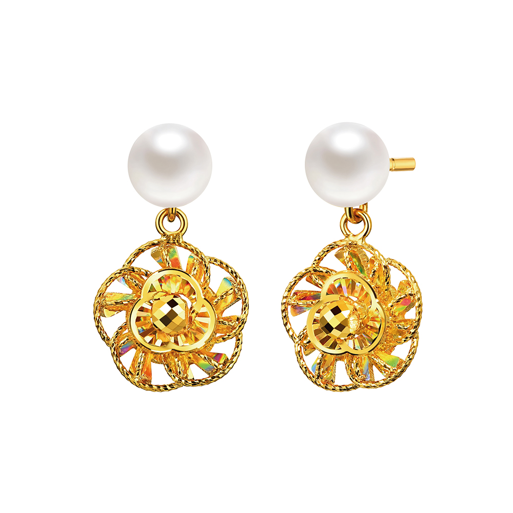 DiaBling Shimmering Gold “DiaBling Cherished Love” Gold Pearl Earrings (Light)