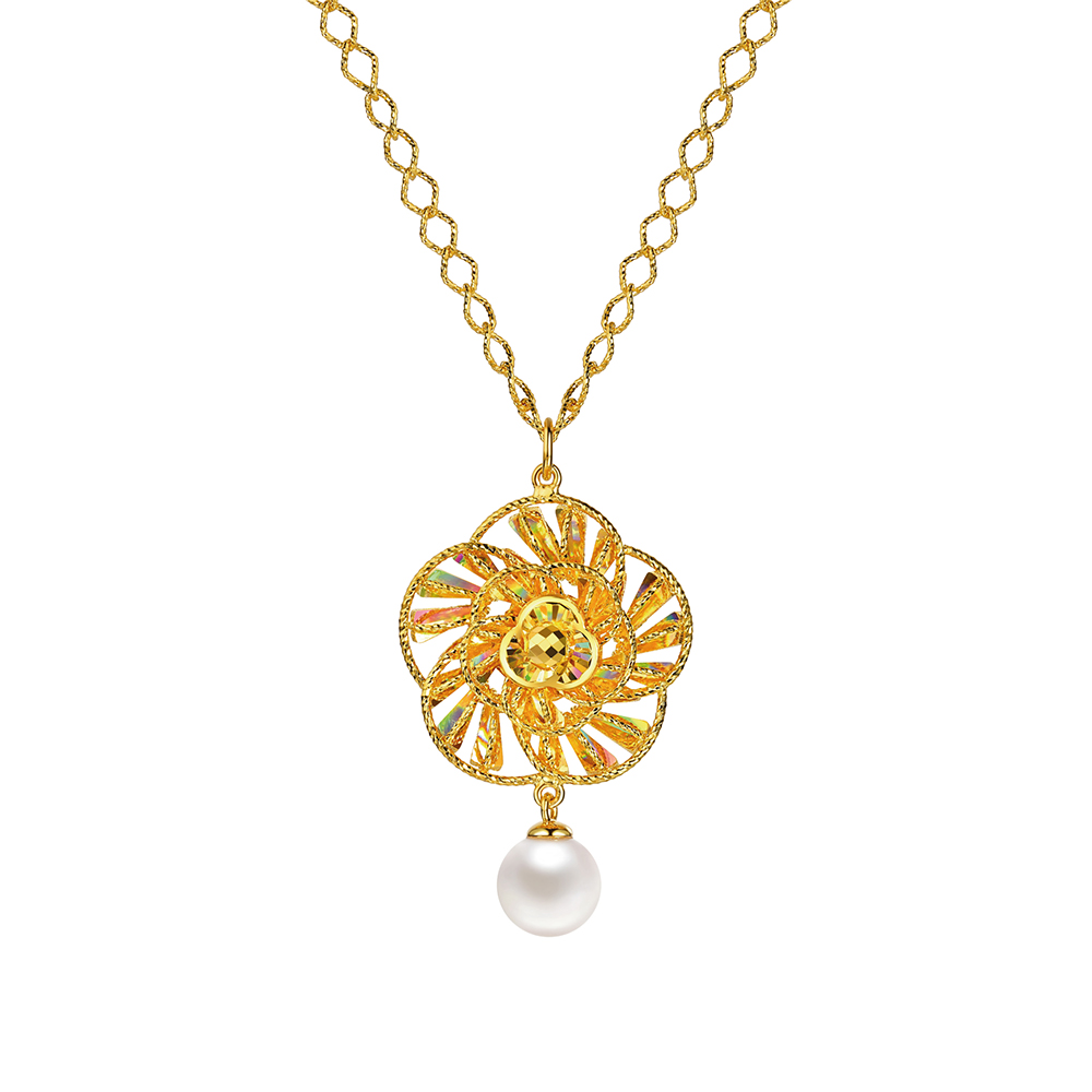 DiaBling Shimmering Gold “DiaBling Cherished Love” Gold Pearl Necklace (Elegant)