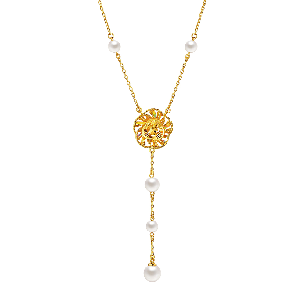 DiaBling Shimmering Gold “DiaBling Cherished Love” Gold Pearl Necklace (Light)