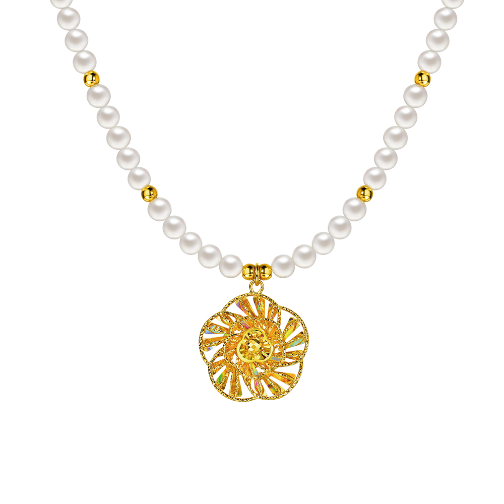 DiaBling Shimmering Gold “DiaBling Cherished Love” Gold Pearl Necklace (Fresh)