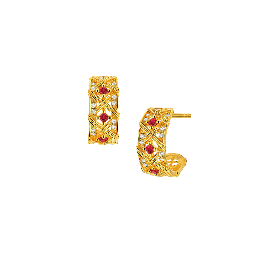 唐宮夜宴系列"菱彩環"黃金紅寶石鑽石耳環