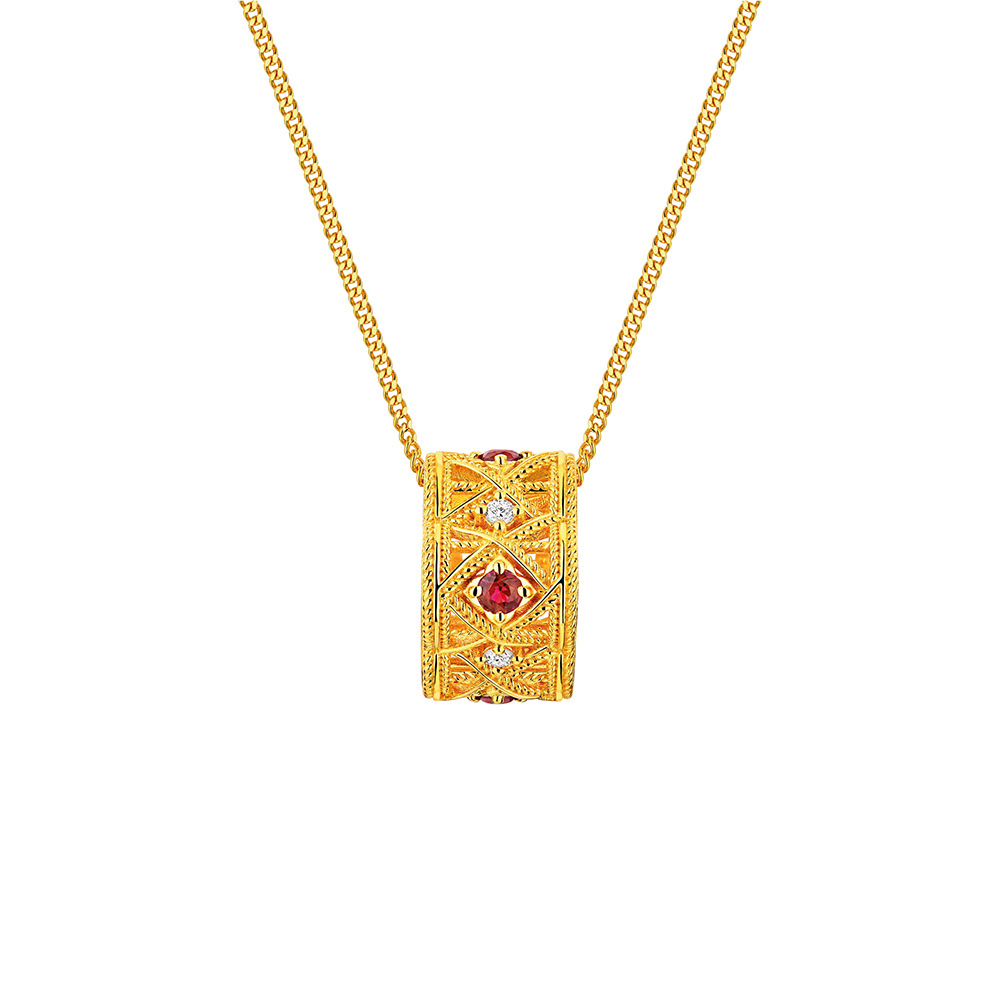 唐宮夜宴系列"唐小菱-小花窗"黃金紅寶石鑽石吊墜